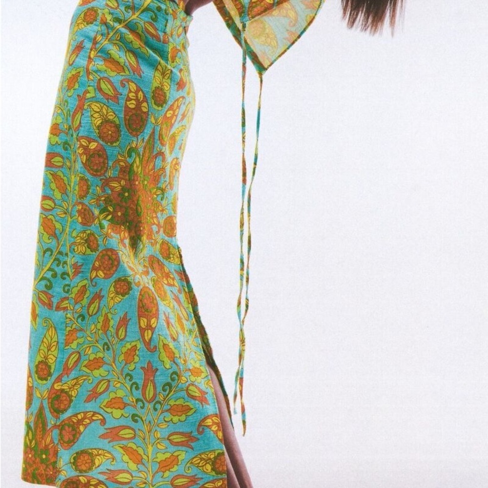 Zara Turquoise Floral Midi Skirt with Orange Botanical Print XS